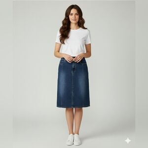 Just Blu Women's Blue Medium Wash Denim/Jean Midi A-Line Skirt Size 6 (Small)